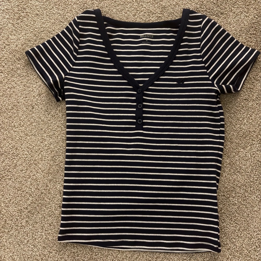 Hollister Navy and White Striped V-Neck Top